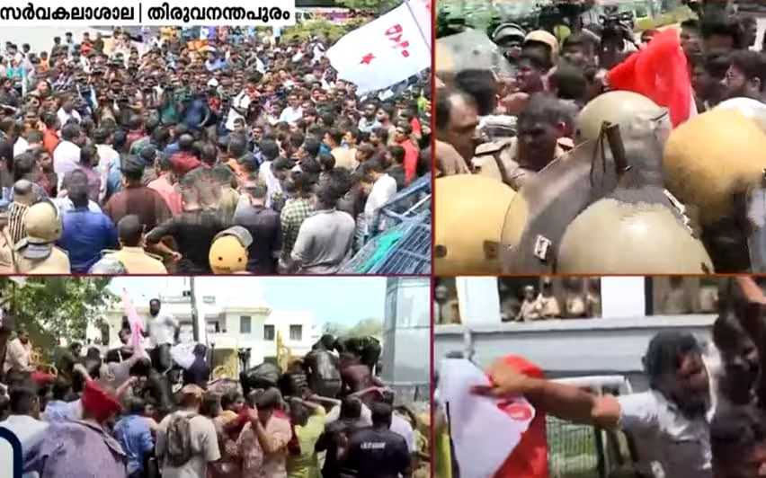 കേരള സര്‍വകലാശാലയുടെ അകത്തും പുറത്തും സംഘര്‍ഷം; പ്രതിഷേധവുമായി DYFI, AISF പ്രവര്‍ത്തകര്‍