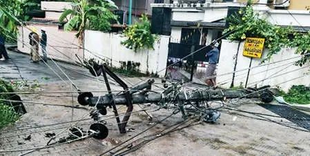 രാമനാട്ടുകരയിൽ ശക്തമായ കാറ്റിലും മഴയിലും തെങ്ങ് കടപുഴകി; വൈദ്യുതത്തൂണുകൾ തകർന്നു