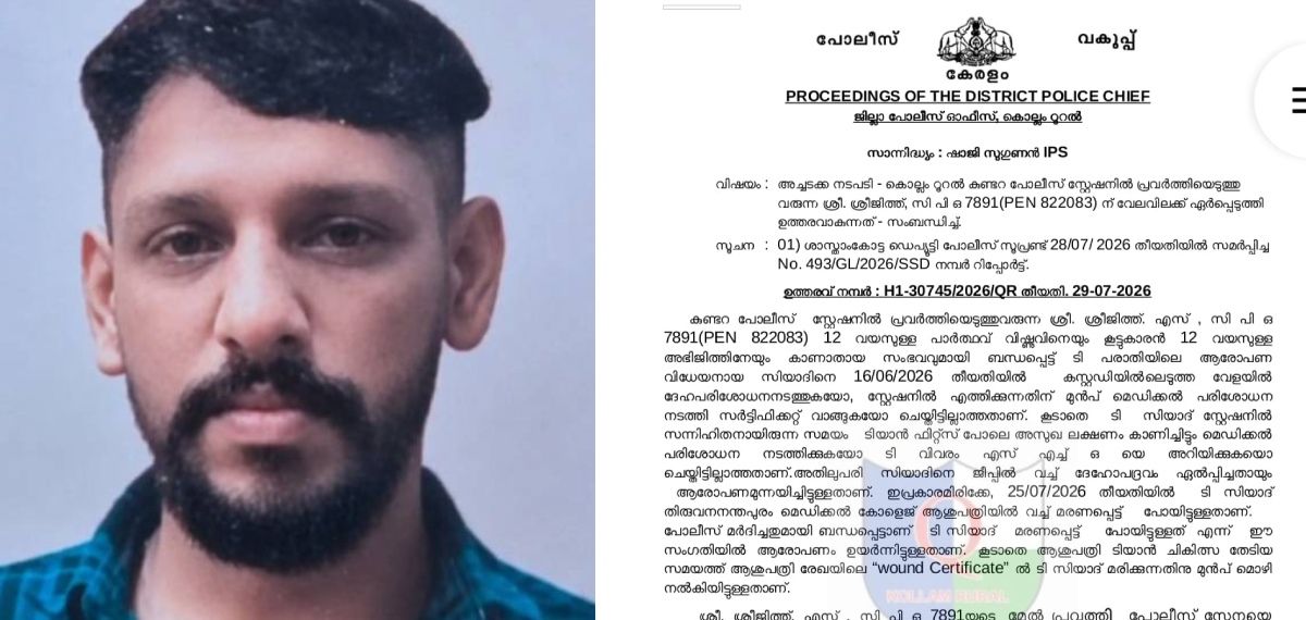കുണ്ടറയിലെ കസ്റ്റഡി മരണ ആരോപണം: സിപിഒ ശ്രീജിത്തിന് സസ്‌പെന്‍ഷന്‍