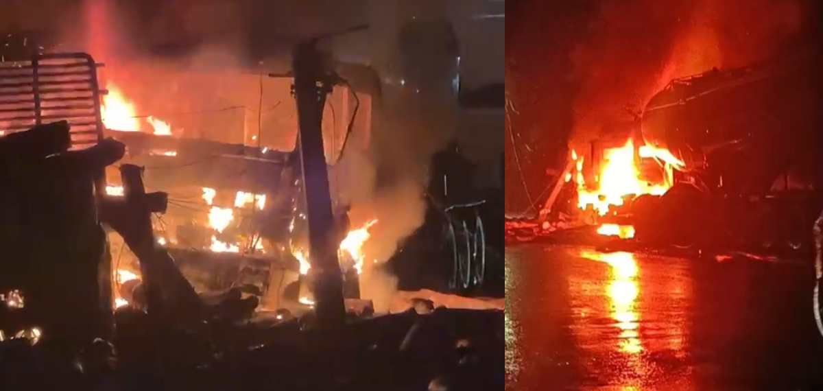 കണ്ണൂരിൽ നിർത്തിയിട്ട ലോറിയിലേക്ക് ടാങ്കർ ഇടിച്ചുകയറി തീപിടിച്ചു: രണ്ടുപേർക്ക് ദാരുണാന്ത്യം