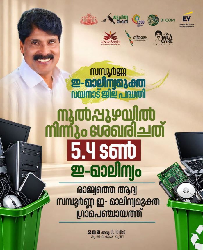 നൂൽപ്പുഴ സമ്പൂർണ ഇ-മാലിന്യമുക്ത പഞ്ചായത്ത്; 5,423 കിലോ ഇ-മാലിന്യം ശേഖരിച്ചു;വയനാടിനെ രാജ്യത്തെ ആദ്യ സമ്പൂർണ ഇ-മാലിന്യമുക്ത ജില്ലയാക്കാനുള്ള പ്രവർത്തനങ്ങൾക്ക് ജനപിന്തുണ