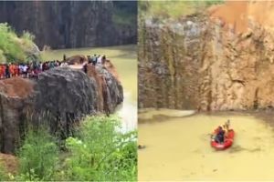 കറുകപ്പുത്തൂർ ക്വാറി മണ്ണിട്ട് നികത്തുന്നതിനിടെ അപകടം; ലോറി താഴ്ന്നുപോയി, ഡ്രൈവർക്കായി തെരച്ചിൽ തുടരുന്നു